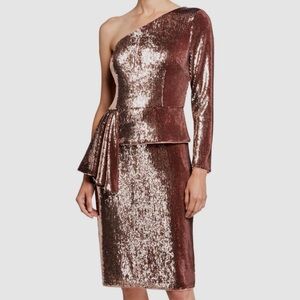 Aidan Mattox Women's Rose Gold Sequin One Shoulder Peplum Shift Dress